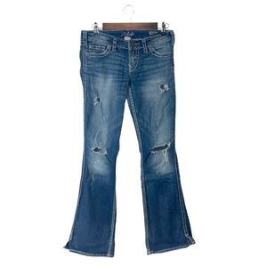 Silver Jeans Twisted Boot Cut Flare Leg Long Distressed Blue Rodeo Rider Size 26